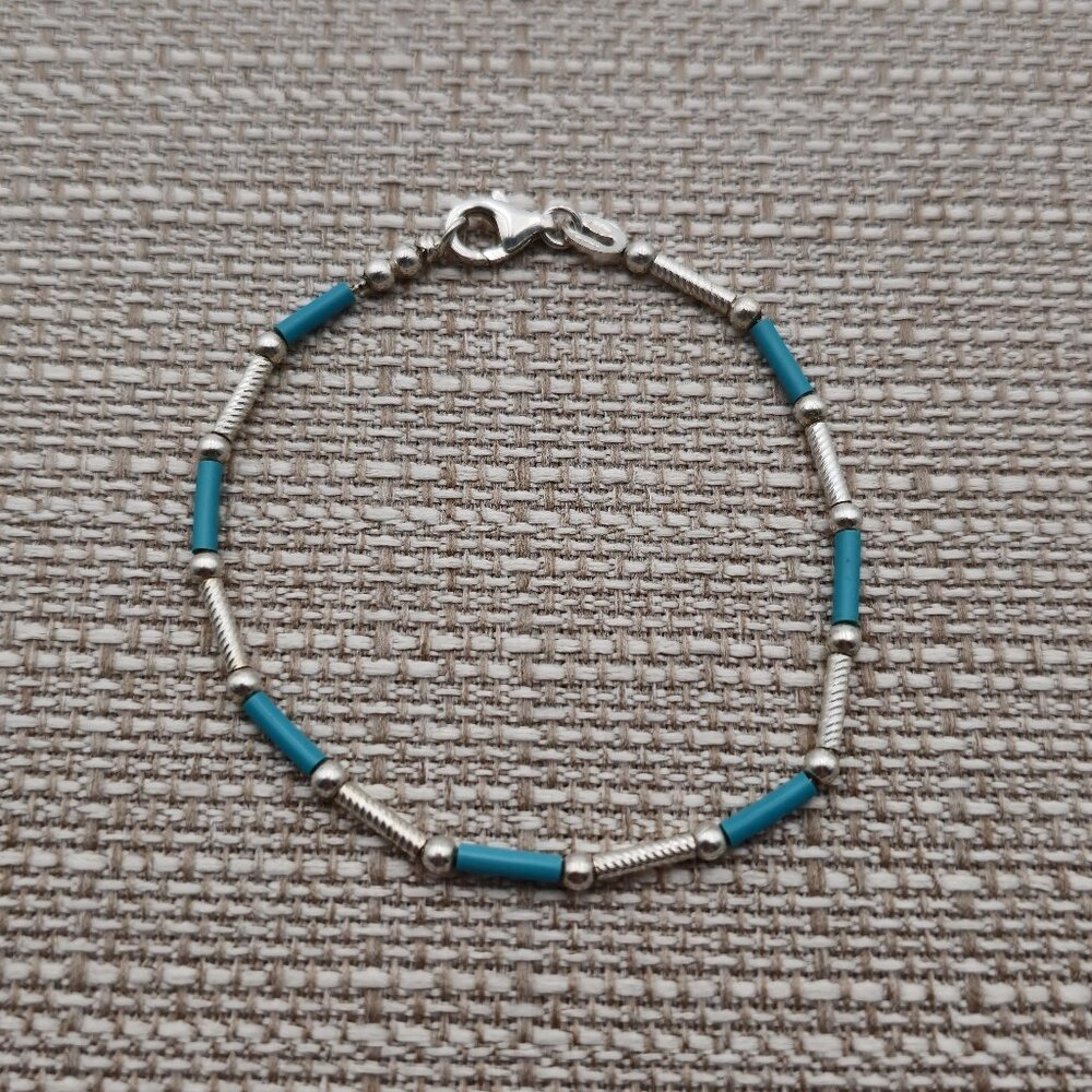 7 Inch Sterling Silver Blue Rubber And Unique Style Chain Bracelet A2214